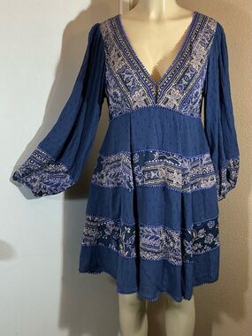 Free People Bohemian Short Dress with Botanical Embroidery and Balloon Sleeves".